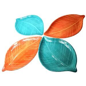 8 Orange & Turquoise Precidio Melamine Leaf 10" X 6" Salad/Dessert Plates